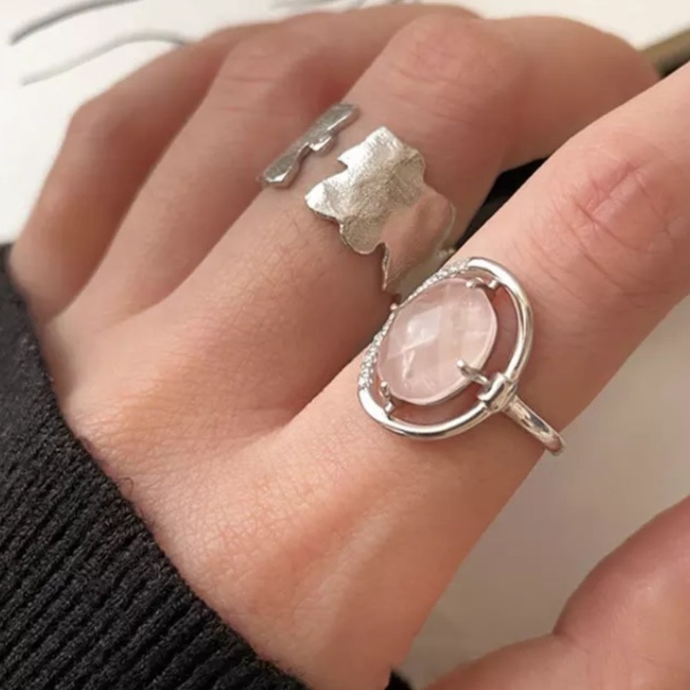925 Sterling Silver CZ Pale Pink Cabochon Agate Ring
